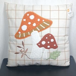 New 16” Embroidered Mushrooms Whimsical Boho Garden  Plaid Throw Decor Pillow